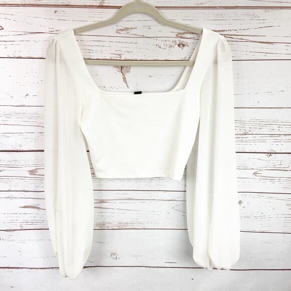 Windsor XS White Sheer Chiffon Long Sleeve Square Neck Crop Top Blouse - Picture 4 of 8